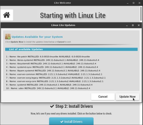 Updating Linux Lite 6.0 using the update feature in the 'Welcome' window