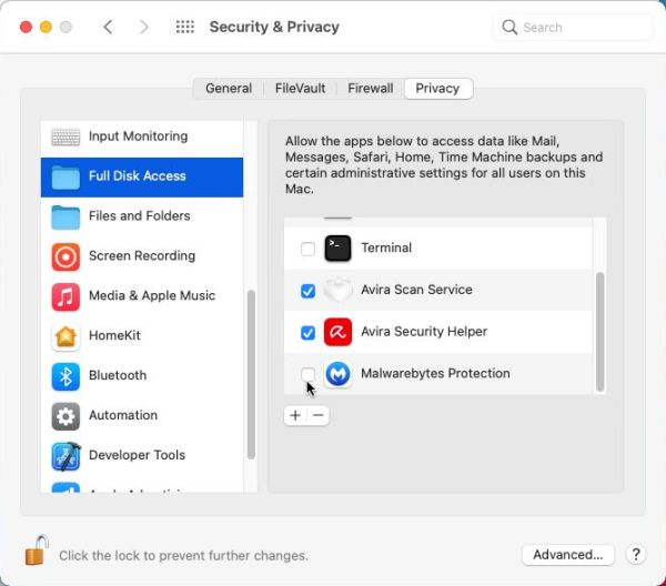 macOS antivirus software: Grant Malwarebytes for Mac full disk access in 'Security & Privacy'