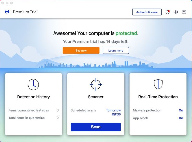 macOS antivirus software: Main window of the Malwarebytes for Mac GUI (14-day Premium trial)