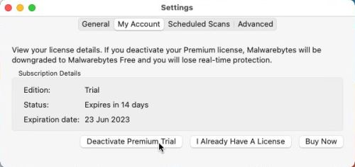 macOS antivirus software: Malwarebytes for Mac - Deactivating the 14-day Premium trial