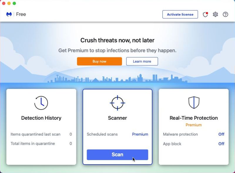 macOS antivirus software: Main window of the Malwarebytes for Mac GUI (free edition)