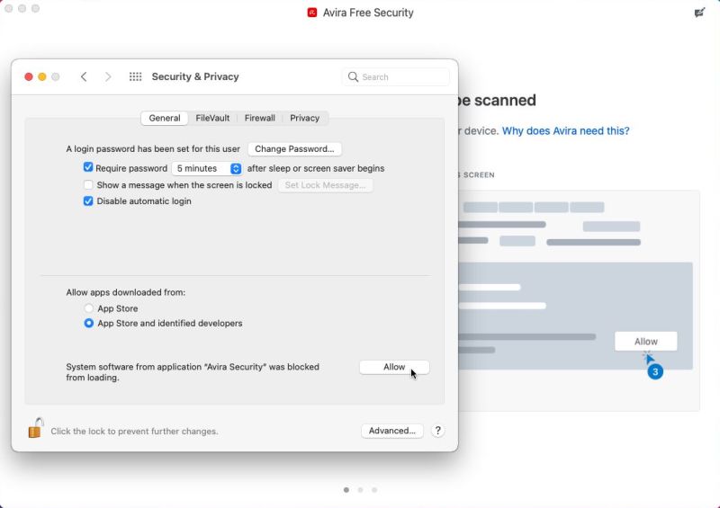macOS antivirus software: Allowing Avira Free Security in 'Security & Privacy'