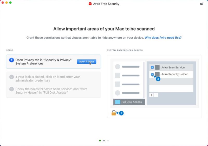 macOS antivirus software: Avira Free Security - Opening 'Privacy' to change harddisk access authorisation