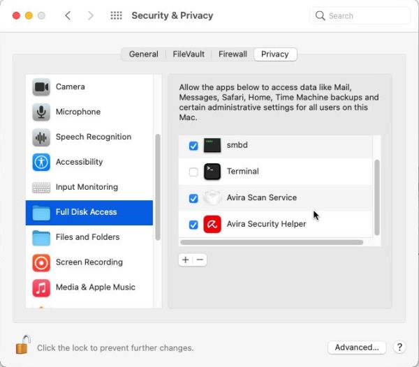 macOS antivirus software: Grant Avira Free Security full disk access in 'Security & Privacy'