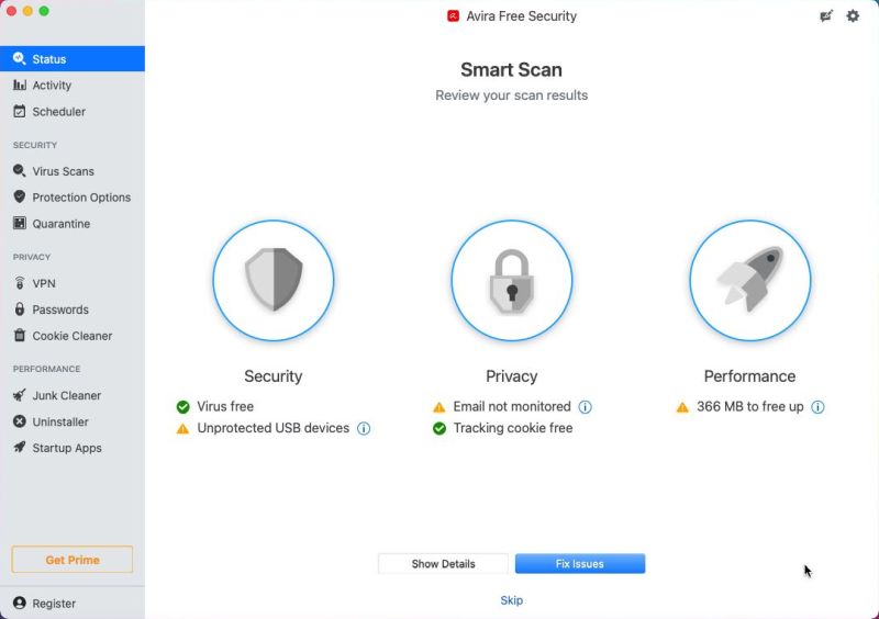 macOS antivirus software: Avira Free Security - Smart Scan results