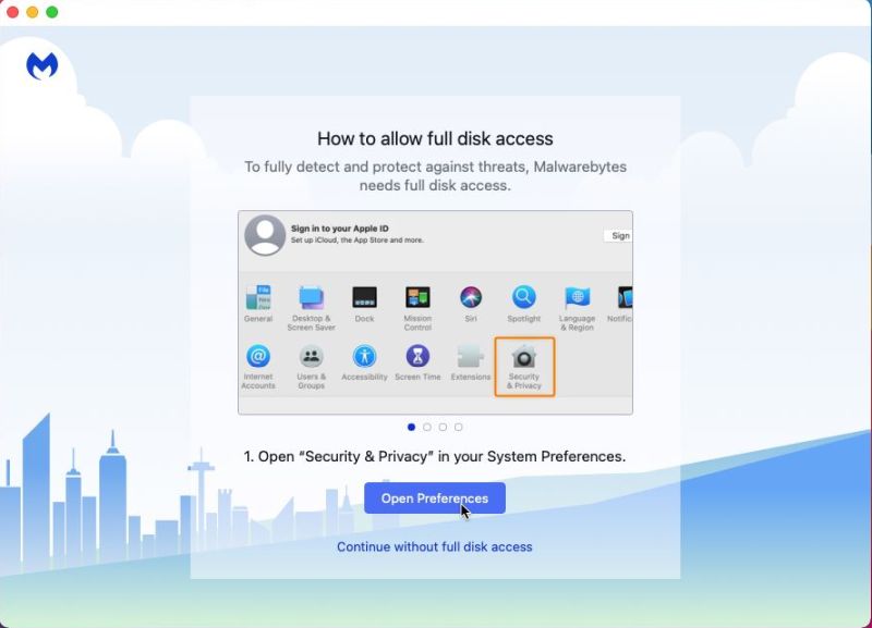 macOS antivirus software: Malwarebytes for Mac - Opening 'Privacy' to change harddisk access authorisation