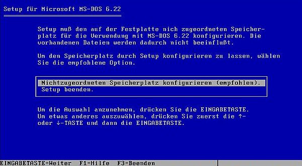 New-DOS 7.1: Installation of MS-DOS 6.22 - Selecting to configure the unallocated space