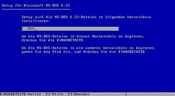 New-DOS 7.1: Installation of MS-DOS 6.22 - Choosing the MS-DOS installation folder