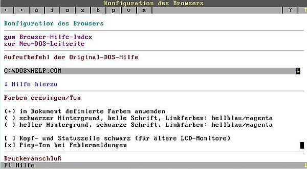 New-DOS 7.1: HTML text browser - Browser configuration page