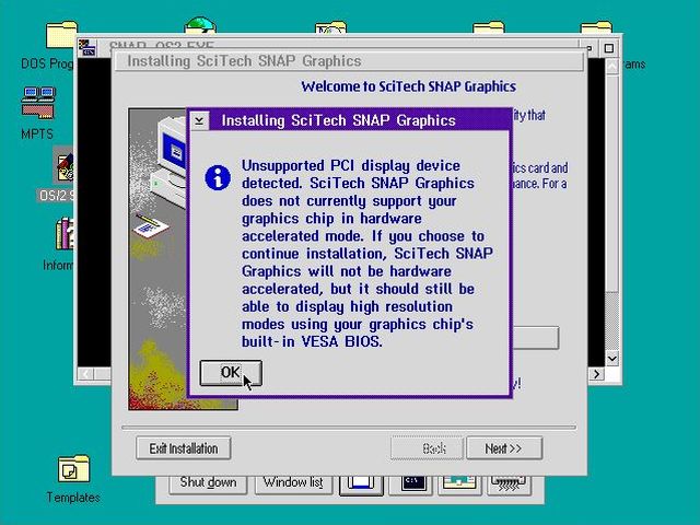 SNAP graphics driver on OS/2 Warp 3: 'Unsupported PCI display device' warning