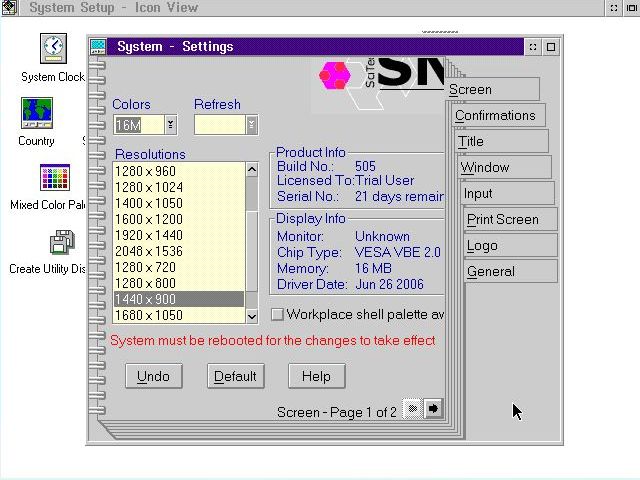 SNAP graphics driver on OS/2 Warp 3: Setting a new screen resolution in 'System - Settings'