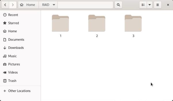 Installation of a RAID 1 on Rocky Linux: File Explorer - Creating folders on the RAID device