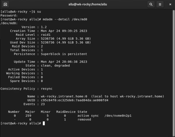 Installation of a RAID 1 on Rocky Linux: RAID details with one harddisk disconnected