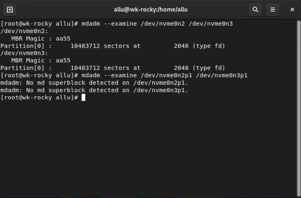 Installation of a RAID 1 on Rocky Linux: Examining disks and partitions with 'mdadm'