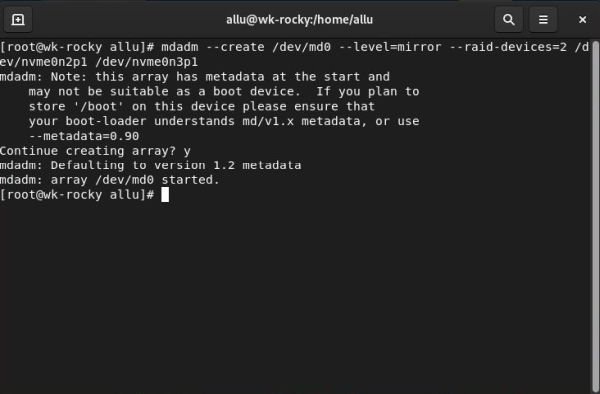 Installation of a RAID 1 on Rocky Linux: Creating the RAID logical device