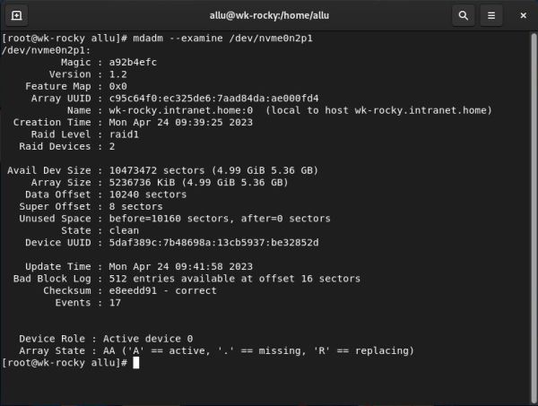 Installation of a RAID 1 on Rocky Linux: RAID details: First RAID device