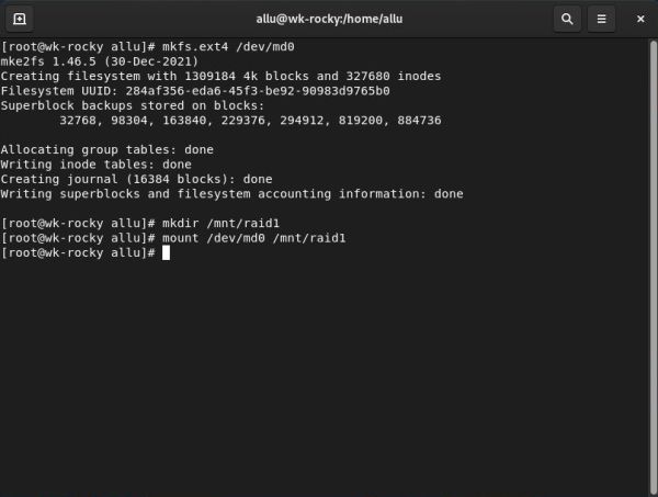 Installation of a RAID 1 on Rocky Linux: Formatting and mounting the RAID device