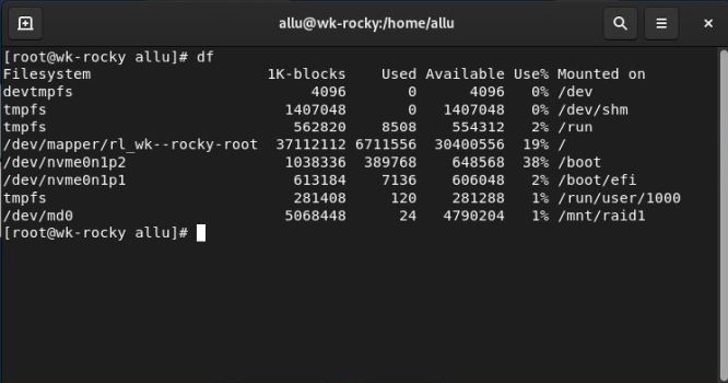Installation of a RAID 1 on Rocky Linux: Available space on the RAID device (and the regular filesystem)