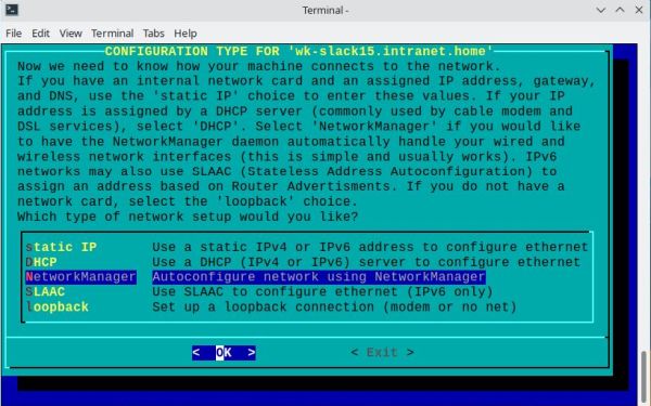 Slackware networking: 'netconfig' utility - Selecting to let 'NetworkManager' handle the connection