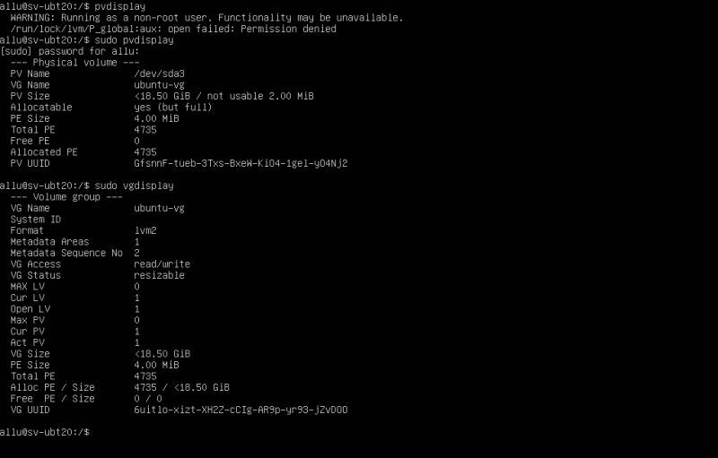 Ubuntu server LVM utilities: Display of PV and VG information