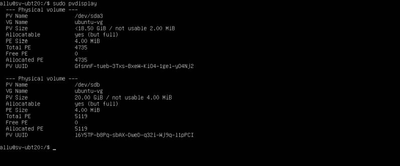 Ubuntu server LVM volume group extension: LVM with two physical volumes