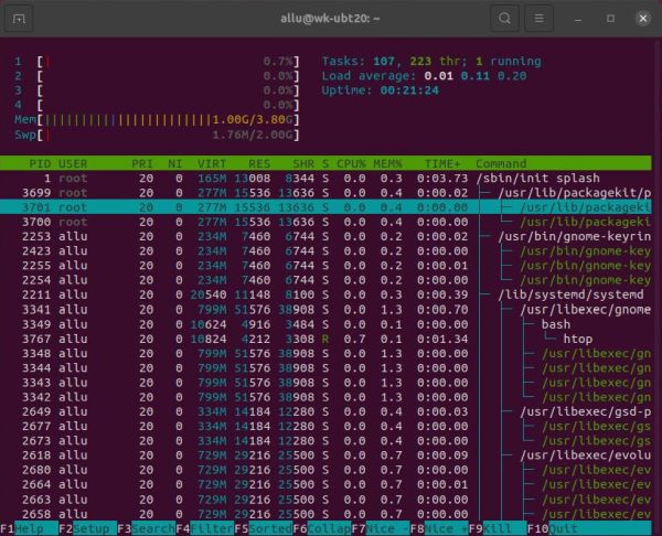 Ubuntu system information: Process real time infoemation, using the 'htop' command [2]