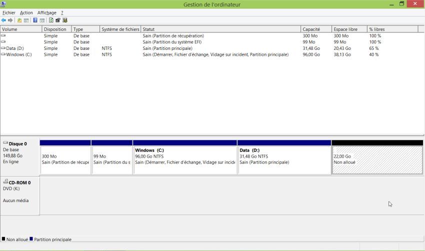 Windows 8.1 Disk Management: Disk layout after VMware virtual disk expansion (before repartitioning)