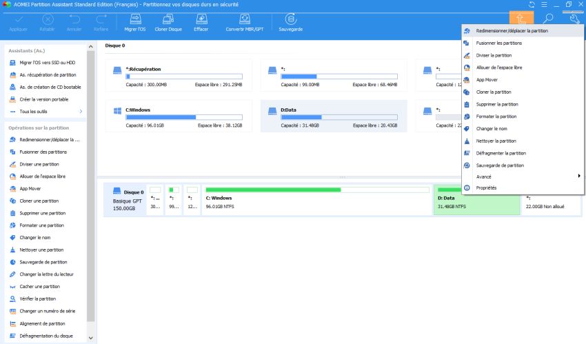 AOMEI Partition Assistant: Choosing to move a partition