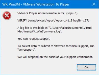VMware irrecovrable error when accessing a 5.25 inch, 1.2 MB floppy diskette