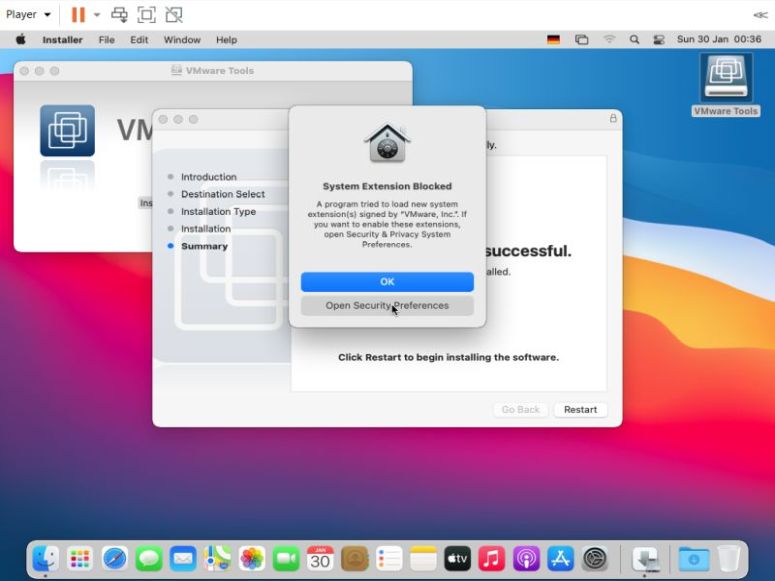 macOS Big Sur 11 installation: VMware Tools blocked as non-Apple-provided system extension
