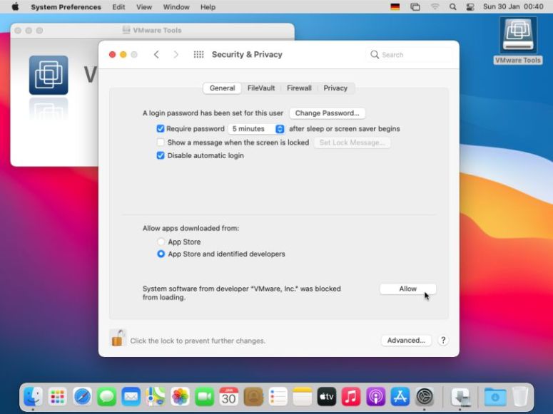 macOS Big Sur 11 installation: Enabling VMware Tools in 'Security and Privacy Preferences'