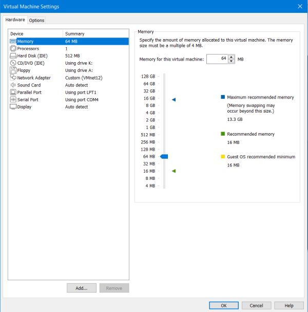 OS/2 1.x and 2.x installation on VMware: Configuration of the virtual machines