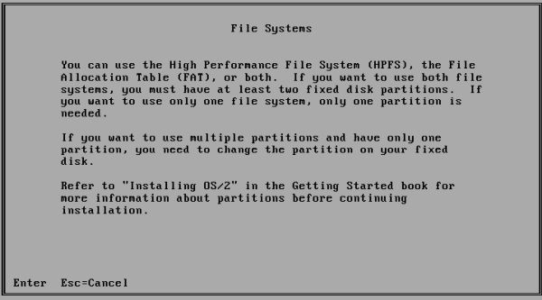 OS/2 1.3 installation on VMware: Starting setup - File systems description
