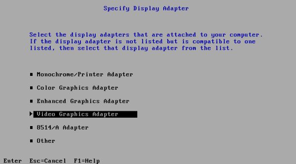 OS/2 1.3 installation on VMware: Configuration settings - VGA display adapter selection