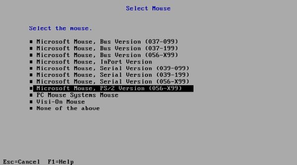 OS/2 1.3 installation on VMware: Configuration settings - Microsoft PS/2 mouse selection