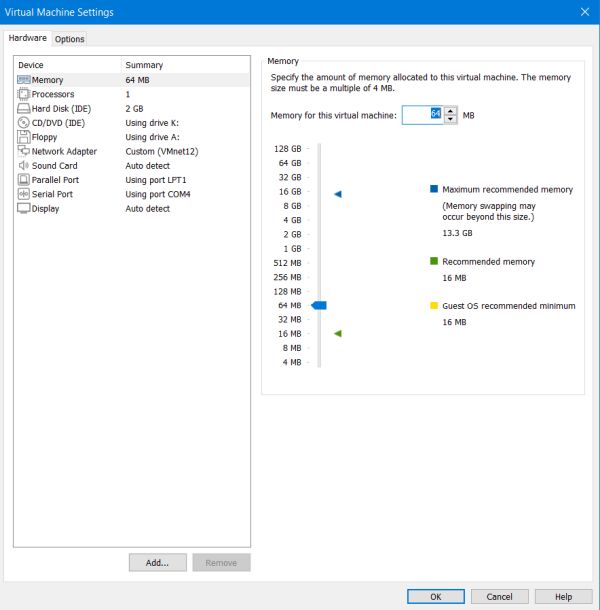 Windows 1.x and 2.x installation on VMware: Configuration of the virtual machines