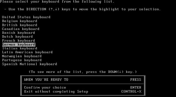 Windows 2.x installation on VMware: Choosing the German keyboard layout