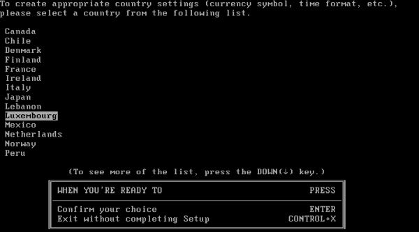 Windows 2.x installation on VMware: Choosing the country settings for Luxembourg