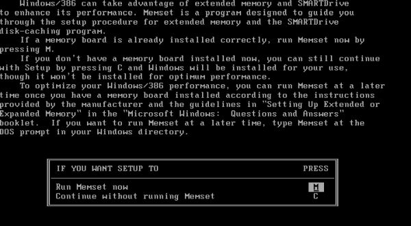 Windows 2.x installation on VMware: Choosing to run the extended memory tool Memset