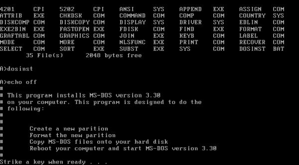 Windows 1.x and 2.x installation on VMware: Custom MS-DOS 3.30 installer startup