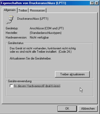 Windows 98: Device Manager - 'Printer port (LPT1)' device status code 24