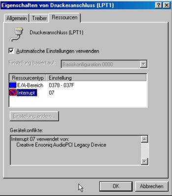 Windows 98: Device Manager - 'Printer port (LPT1)' device conflice (Interrupt 07 already used)