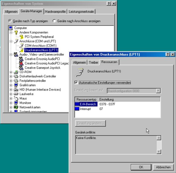 Windows 98: Device Manager - Problem with 'Printer port (LPT1)' device (despite resolution of interrupt conflict)