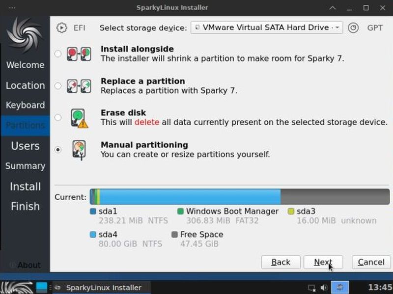 Windows 10 and Linux dual boot: Choosing to perform a manual partitioning