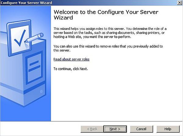Windows Server 2003: Domain Controller setup - Welcome window of the 'Configure Your Server Wizard'