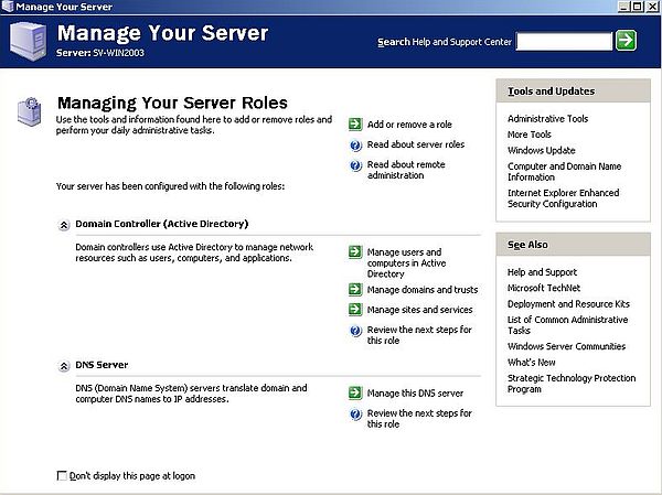 Windows Server 2003: Domain Controller setup - 'Manage Your Server Roles' window after setup has finished