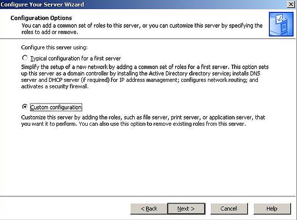 Windows Server 2003: Domain Controller setup - Choosing to perform a custom configuration
