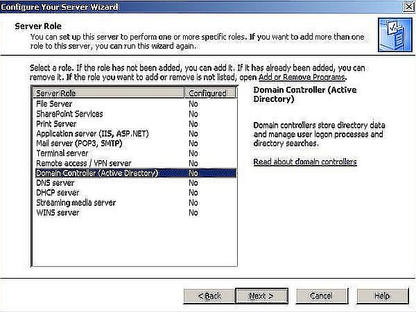 Windows Server 2003: Domain Controller setup - Choosing to install the 'Domain Controller (Active Directory)' server role