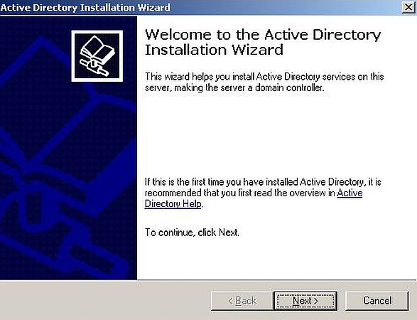 Windows Server 2003: Domain Controller setup - Welcome window of the 'Active Directory Installation Wizard'