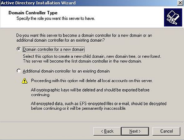 Windows Server 2003: Domain Controller setup - Choosing to create a Domain Controller for a new domain